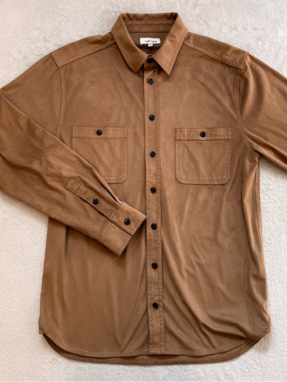 Tyler Boe Faux Stretch Suede Caramel Brown Button-Up Shirt with Chest Pockets